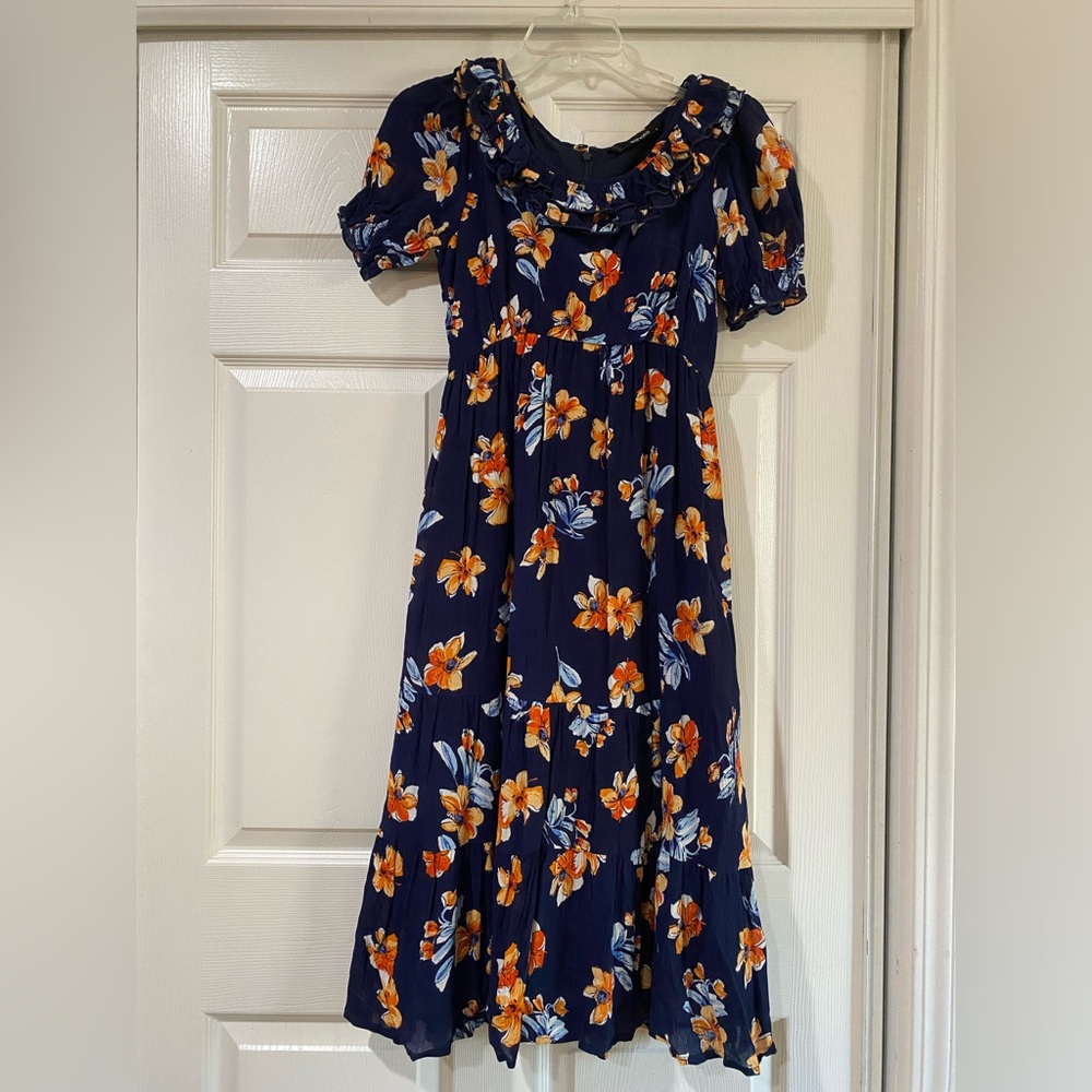 Eshaktii Floral Navy Dress with Orange and White Flowers Size 0
